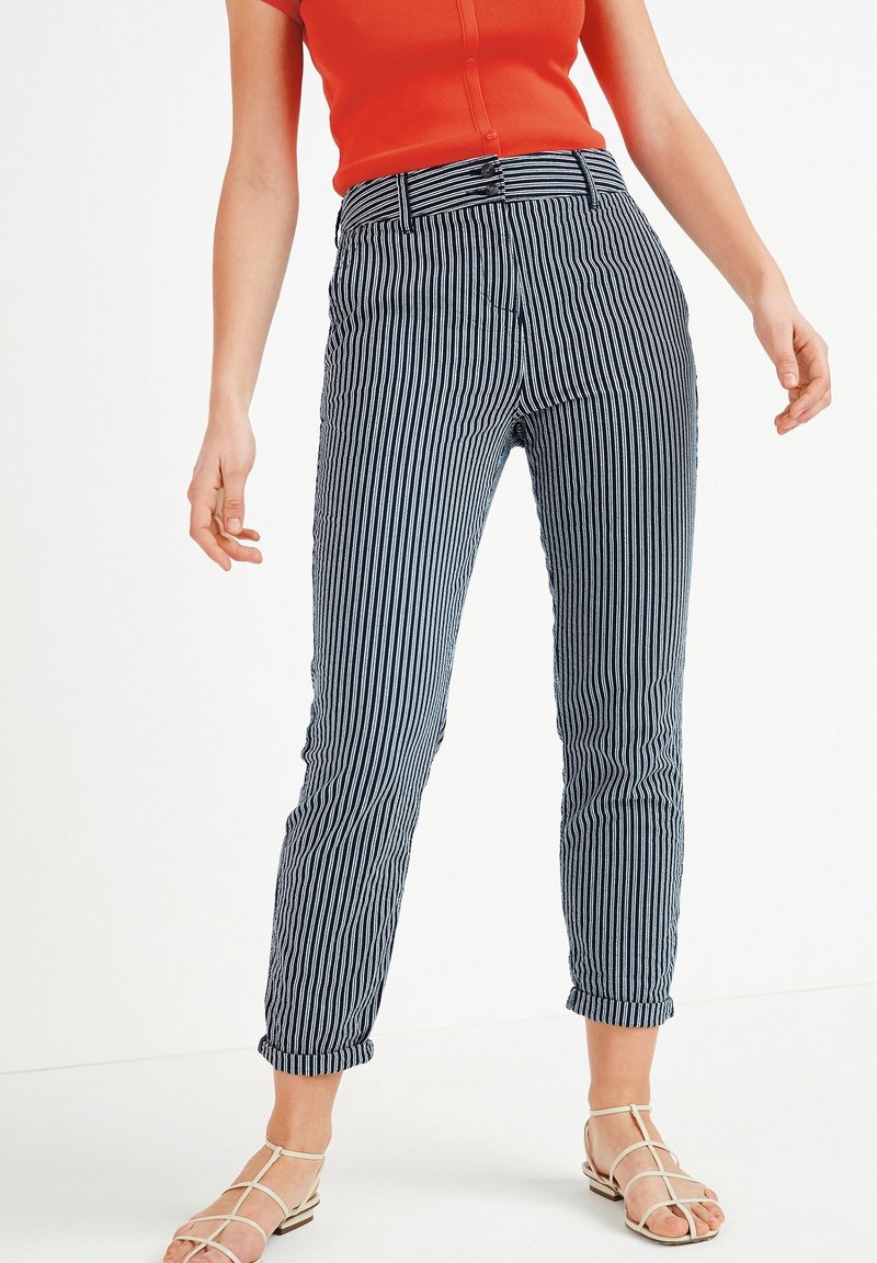 Pantaloni a righe navy e bianchi con vestibilità slim, orli arrotolati e vita con cintura. La texture liscia e il design sartoriale ne esaltano la struttura.