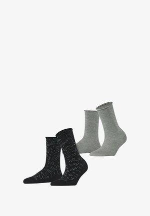 Deux paires de chaussettes : l'une noire avec des motifs floraux bleus, l'autre grise, toutes deux en tissu tricoté, avec un design à hauteur de cheville.