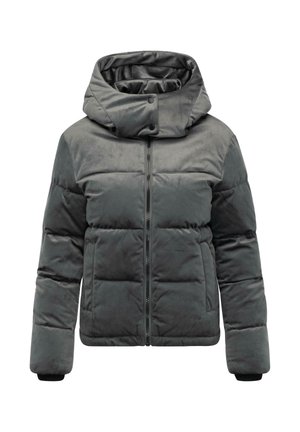 Doudoune de couleur gris foncé. Fabriquée en tissu doux, elle est dotée d'une capuche, d'une fermeture éclair à l'avant et de sections matelassées pour l'isolation. Manches noires incluses.