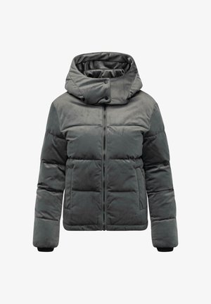 Tumedates hallides pufferdžakk. Valmistatud pehmest kangast, kapuutsiga, ees on lukuga kinnitamine ja soojustamiseks on isoleerivad õmblused. Mustad mansetid on kaasas.