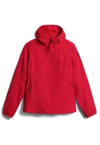 Punainen kevyt takki hupulla, edessä vetoketju, joustava vyötärö ja sivutaskut. Sisältää logopatchin hihassa. Sujuva tekstuuri.