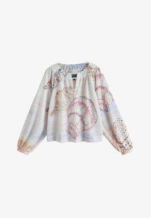 Langärmlige Bluse mit elastischem Ausschnitt und Bündchen, mit pastellfarbenem Muschel- und Ozeanmotiv auf hellem Hintergrund.