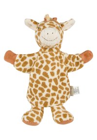 Plush giraffe-shaped toy with brown and cream spotted fabric, textured arms, and a smiling face. Features a knotted mane and soft limbs.