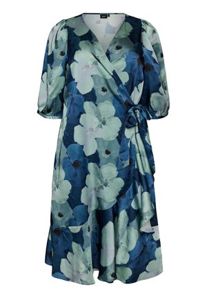 Midi slå-om-kjole med pufærmer, bindebånd i taljen og blå-grønt blomstermønster på mørk baggrund.