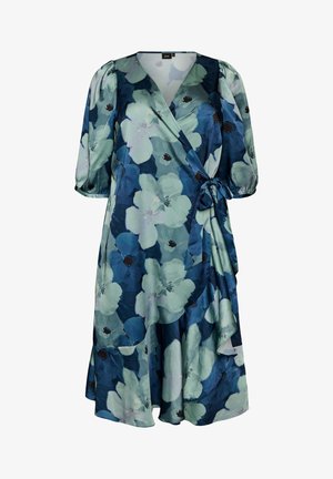 Midi pikkusega wrap-kleit puffsärkadega, vööga seotud vöökoht ja sinakasrohelise lillemustriga tume taust.