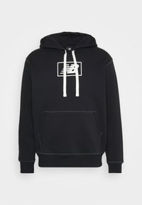 Black hoodie with a kangaroo pocket, white drawstrings, and a white printed logo inside a rectangular outline on the chest. Soft fabric.