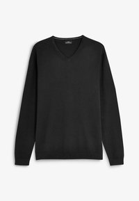 Jersey negro de cuello en V, hecho de una tela suave, con mangas largas, puños acanalados y una textura lisa en toda su superficie.