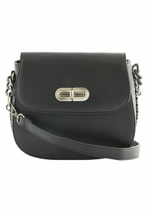 Black leather crossbody bag with silver turn-lock clasp, chain and leather shoulder strap, rectangular flap closure.
