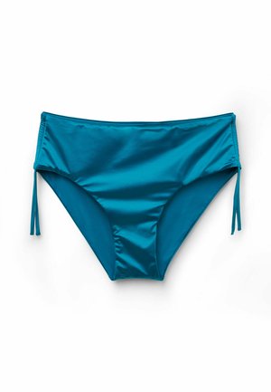 Dół bikini w kolorze zielonkawoniebieskim z wysokim stanem i regulowanymi bokami, pokazany płasko na białym tle.