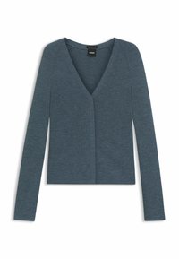 Ribbade stickade tröja i mörk teal med V-hals, långa ärmar och en figurnära silhuett. Har en ren framsida utan knäppningar.