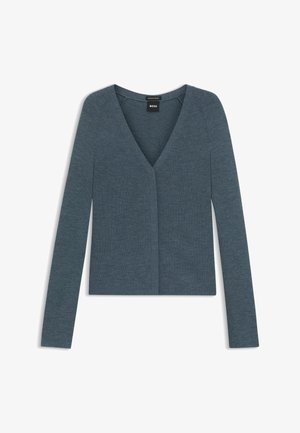 Geripptes Strickoberteil in dunklem Türkis mit V-Ausschnitt, langen Ärmeln und tailliertem Schnitt. Verfügt über ein schlichtes Frontdesign ohne Verschlüsse.