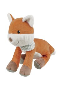 Plush fox toy with orange corduroy exterior, white fur accents on ears and face, striped cloth scarf, and brown plush paws.