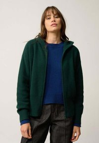 Zielony kardigan zapinany na zamek, wykonany z teksturowanej dzianiny z kapturem, nałożony na niebieski sweter ze ściągaczami i połączony z ciemnymi dżinsami.