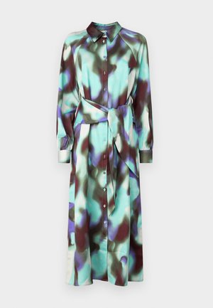 Ilgų rankovių marškinėlių su apykakle suknelė, daugi spalvėtas abstraktus raštas mėlynojo žalia ir burgundiško raudono, su mygtukais ir derančiu diržu.