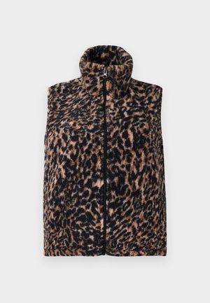 Ärmløs fleecevest med høj hals i sort og brunt leopardmønster og frontlynlås.