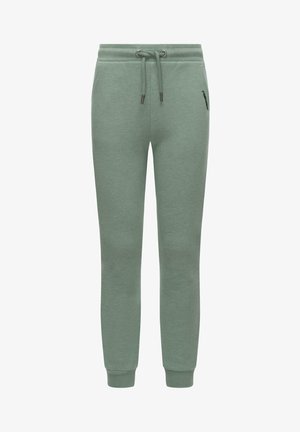 Joggingové kalhoty z bavlněné směsi v tlumené zelené barvě, s pasem na šňůrku, žebrovanými manžetami a malým logem na nohavici.