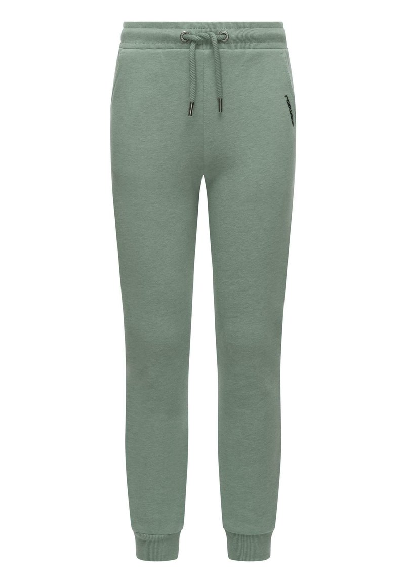 Joggers i en dämpad grön nyans i bomullsblandning, med dragsko i midjan, ribbade manschetter och en liten logotypdetalj på benet.