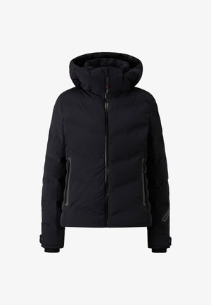 Black padded jacket with a high collar and removable hood. Features a front zipper, two side zip pockets, and elastic cuffs.
