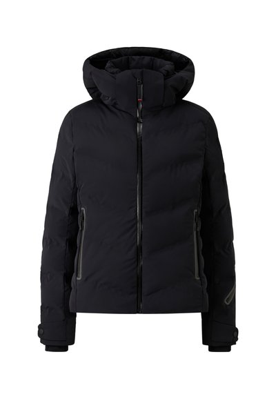 Schwarze gepolsterte Jacke mit hohem Kragen und abnehmbarer Kapuze. Verfügt über einen Frontreißverschluss, zwei seitliche Reißverschlusstaschen und elastische Bündchen.