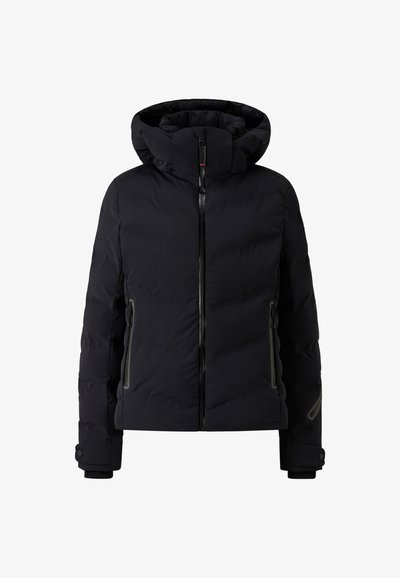 Schwarze gepolsterte Jacke mit hohem Kragen und abnehmbarer Kapuze. Verfügt über einen Frontreißverschluss, zwei seitliche Reißverschlusstaschen und elastische Bündchen.