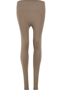 Leggings marrones con una cintura elástica alta. Textura suave y diseño ajustado, que se estrecha en los tobillos. Sin patrones ni detalles de hardware.