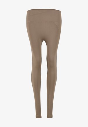 Braune Leggings mit hoch elastischem Bund. Glatte Textur und figurbetontes Design, das sich an den Knöcheln verjüngt. Keine Muster oder Hardware-Applikationen.