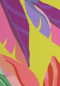 Tela colorida con grandes formas de hojas abstractas superpuestas en rosa, púrpura, verde y naranja, sobre un fondo amarillo brillante.