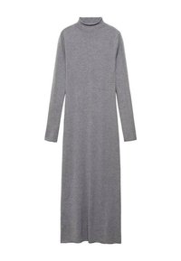 Robe à manches longues et col roulé en gris moyen, fabriquée en tissu tricoté doux. Elle tombe jusqu'aux chevilles avec une silhouette droite et sans matériel visible.