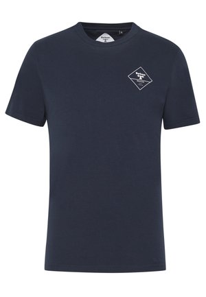 Marineblå bomulds t-shirt med korte ærmer, rund halsudskæring og et mønster af diamantlogo med tekst på venstre brystområde.