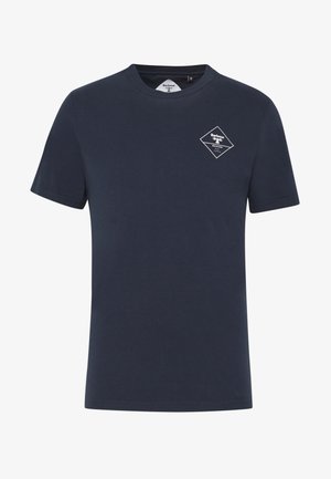 Marineblå bomulds t-shirt med korte ærmer, rund halsudskæring og et mønster af diamantlogo med tekst på venstre brystområde.