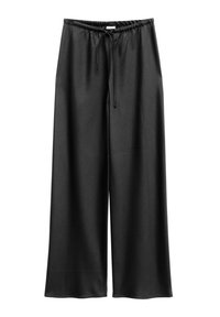 Pantalon noir à jambes larges avec taille élastique et cordon de serrage, tissu lisse, style décontracté et confortable.
