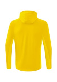 Gelbe Sport-Hoodie mit langen Ärmeln, einer Fronttasche und einer enganliegenden Kapuze. Hergestellt aus glattem, leichtem Material; keine sichtbaren Muster.