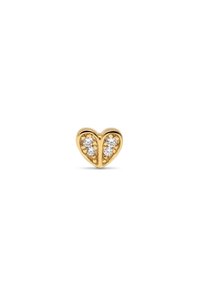 Orecchino a forma di cuore d'oro con tre piccole pietre trasparenti incastonate su una superficie liscia, caratterizzato da un design diviso e una finitura lucida.