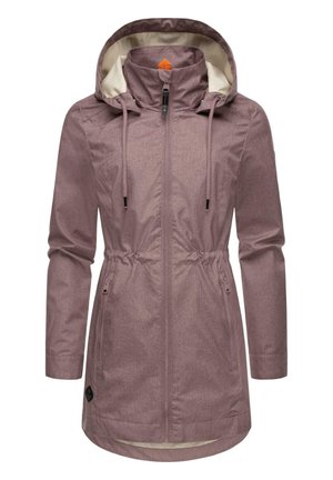 Light pink, water-resistant jacket with a cinched waist, adjustable hood, and two zippered pockets. Features a smooth inner lining.