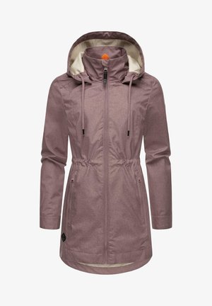 Light pink, water-resistant jacket with a cinched waist, adjustable hood, and two zippered pockets. Features a smooth inner lining.