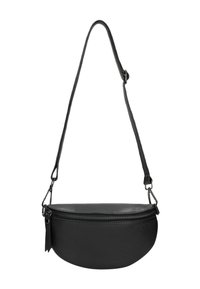 Borsa a tracolla in pelle nera con forma arrotondata, superficie testurizzata, chiusura con zip e tracolla regolabile. Presenta un piccolo tag decorativo.