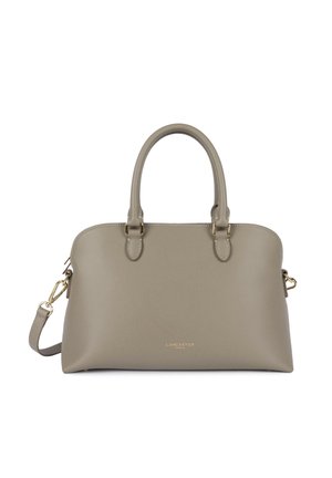 Sac à main en cuir texturé gris avec deux poignées, quincaillerie dorée, bandoulière amovible et petit logo de la marque doré sur le devant.