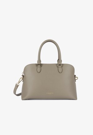 Grijze leren handtas met een textuur, twee handvatten, gouden metalen details, afneembare schouderriem en een klein gouden merkembleem aan de voorkant.