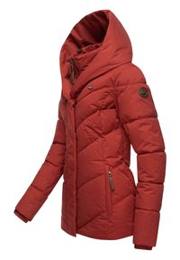 Red padded jacket with a large hood, diagonal quilted pattern, side zippered pockets, and a logo patch on the left sleeve.