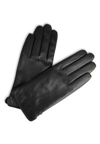 Gants en cuir noir avec quatre doigts et un pouce, avec une texture lisse et une coupe ajustée, affichant des détails de couture subtils.