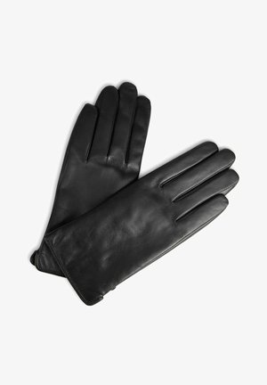 Melnas ādas cimdi ar četriem pirkstiem un īkšķi, gluda tekstūra un pielāgota forma, ar smalkām šuvju detaļām.