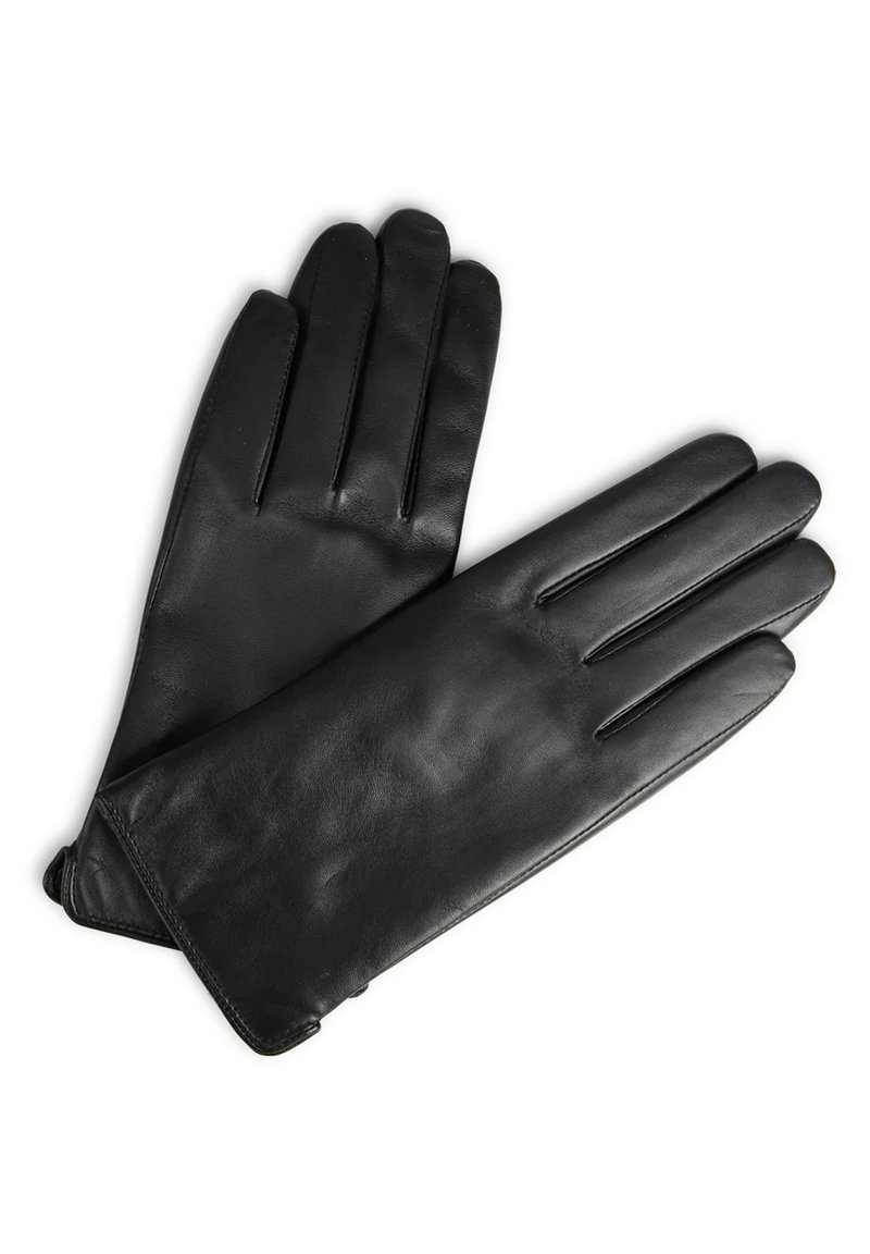 Gants en cuir noir avec quatre doigts et un pouce, avec une texture lisse et une coupe ajustée, affichant des détails de couture subtils.