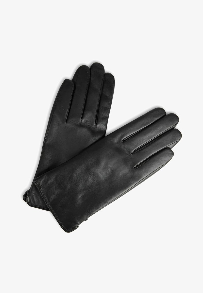 Mustadest nahast kindad, millel on neli sõrme ja pöidla, sujuva tekstuuri ja täpselt vormitud istuvusega, näidates peeneid õmbluse detaile.