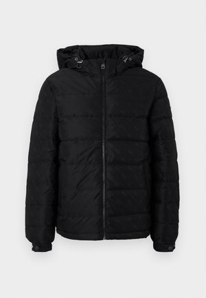 Giacca a vento nera sgonfiabile con cappuccio, caratterizzata da chiusura con zip, texture trapuntata e motivo in rilievo discreto. Coulisse regolabili sul cappuccio.