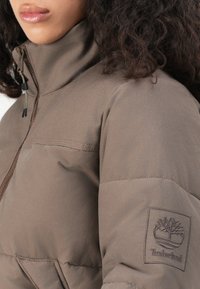 Giacca puffa marrone con colletto alto, chiusura a zip e patch con logo sulla manica sinistra. Il materiale è morbido e dalla texture liscia.