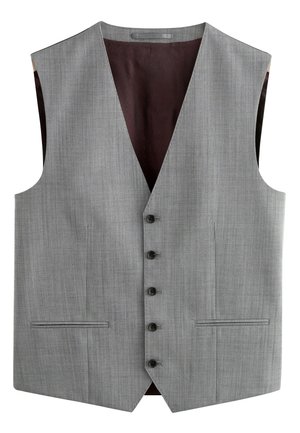 Helehall meeste formaalne vest, millel on viis musta nööpi, kaks esimest väljatõmbe taskut ja tumepruun vooder.