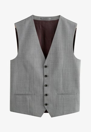 Helehall meeste formaalne vest, millel on viis musta nööpi, kaks esimest väljatõmbe taskut ja tumepruun vooder.