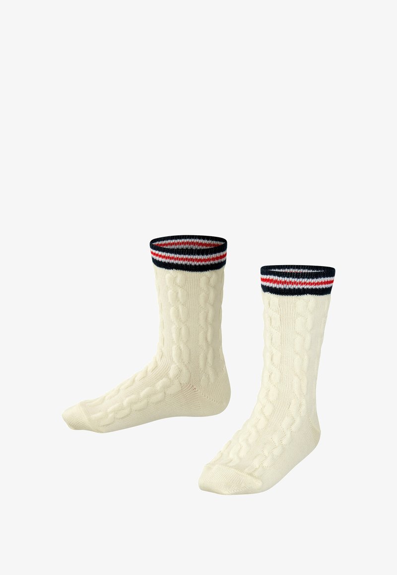 Kremowe skarpetki dzianinowe z wzorem w warkocze, z czarnym mankietem akcentowanym czerwonymi i białymi paskami.