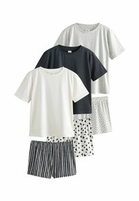 Set of four garments: two short-sleeve t-shirts in white, black, and gray, plus two patterned shorts with polka dots and stripes.