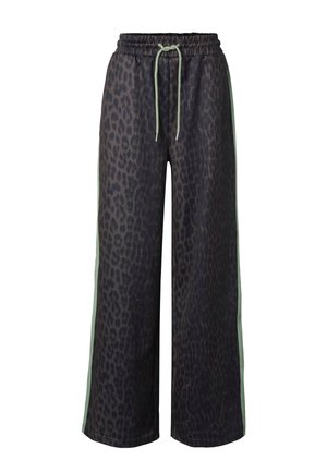 Pantaloni neri a gamba larga con stampa leopardata sottile, vita elastica, coulisse verde chiaro e righe laterali abbinate.